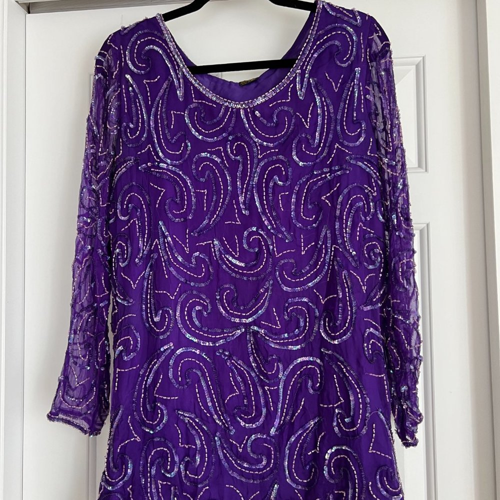 Greg Adams Purple Sequin Silk Tunic Top - Size L - Vintage